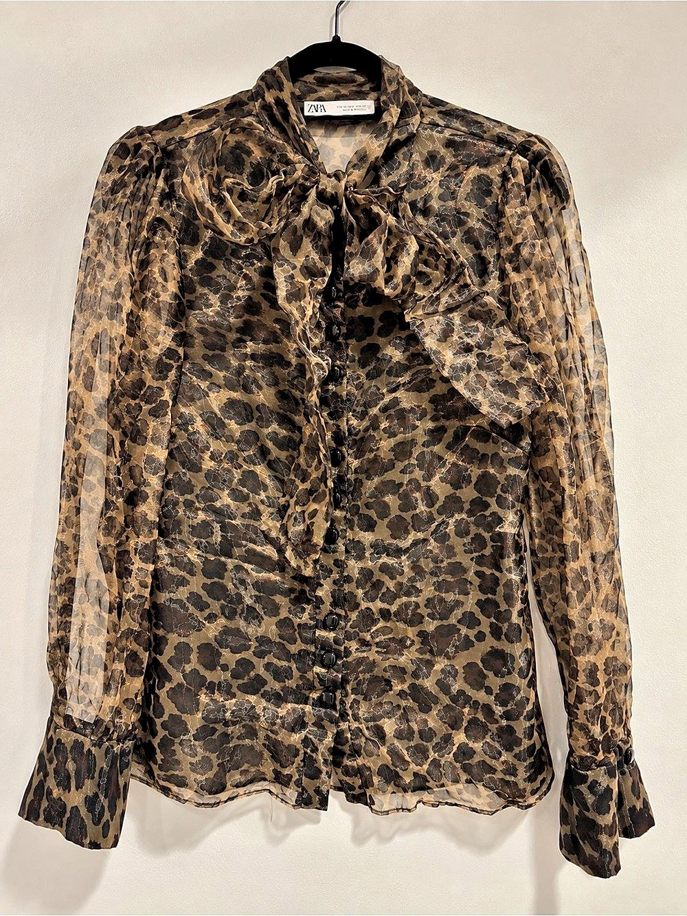 Zara Leopard Print Organza Bow Blouse Brown & Black Medium